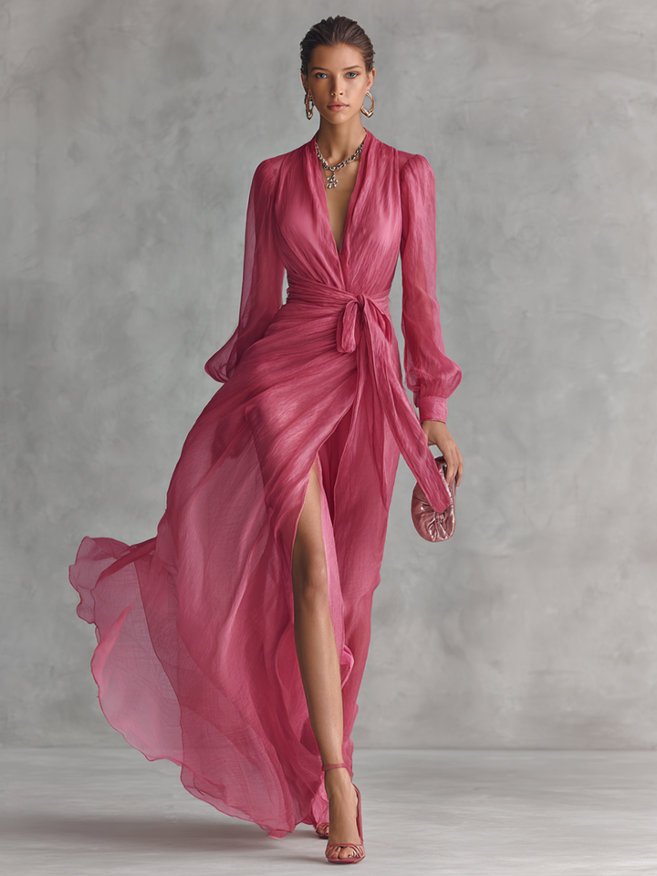 Rochie Chiffon Roz cu Decolteu în V