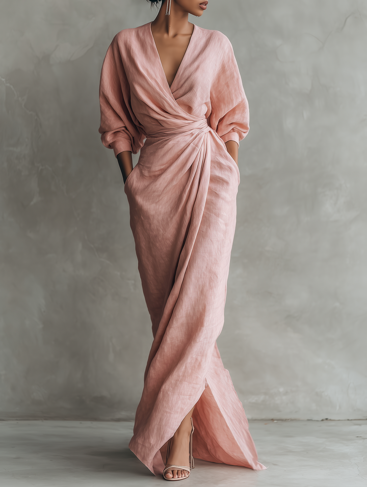 Rochie Maxi din In Roz cu Decolteu în V