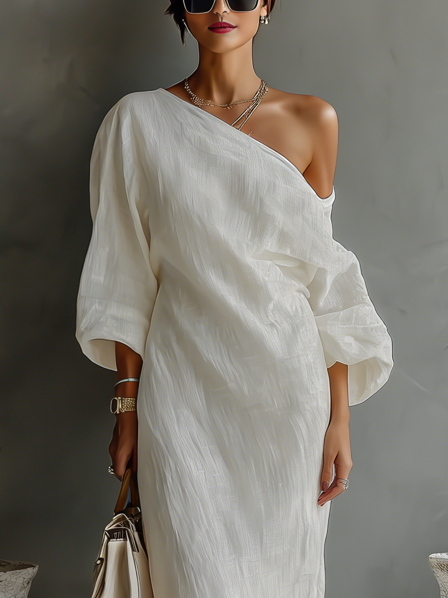 Rochie din in ivory cu umerii la vedere
