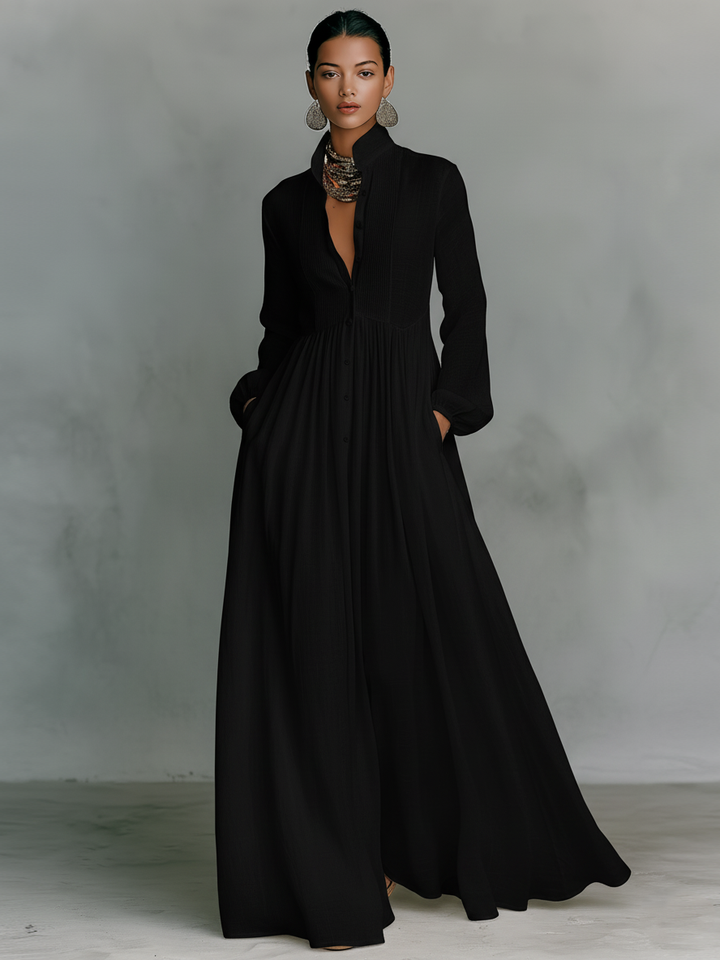 Rochie Maxi din In Patchwork cu Guler Înalt
