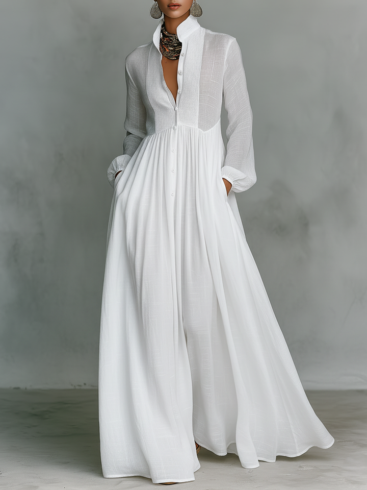 Rochie Maxi din In Patchwork cu Guler Înalt
