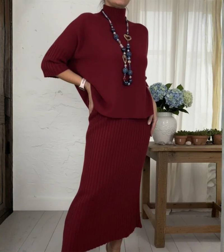 Cristina | Set din tricot cu fustă midi cu dungi