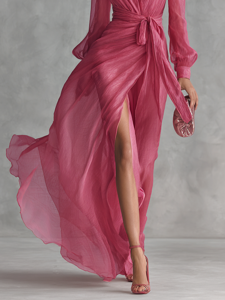 Rochie Chiffon Roz cu Decolteu în V
