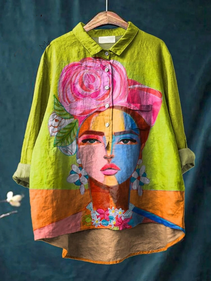 Jantárová | Pictură în ulei Fred Portret Artă Tricou Casual pentru Femei