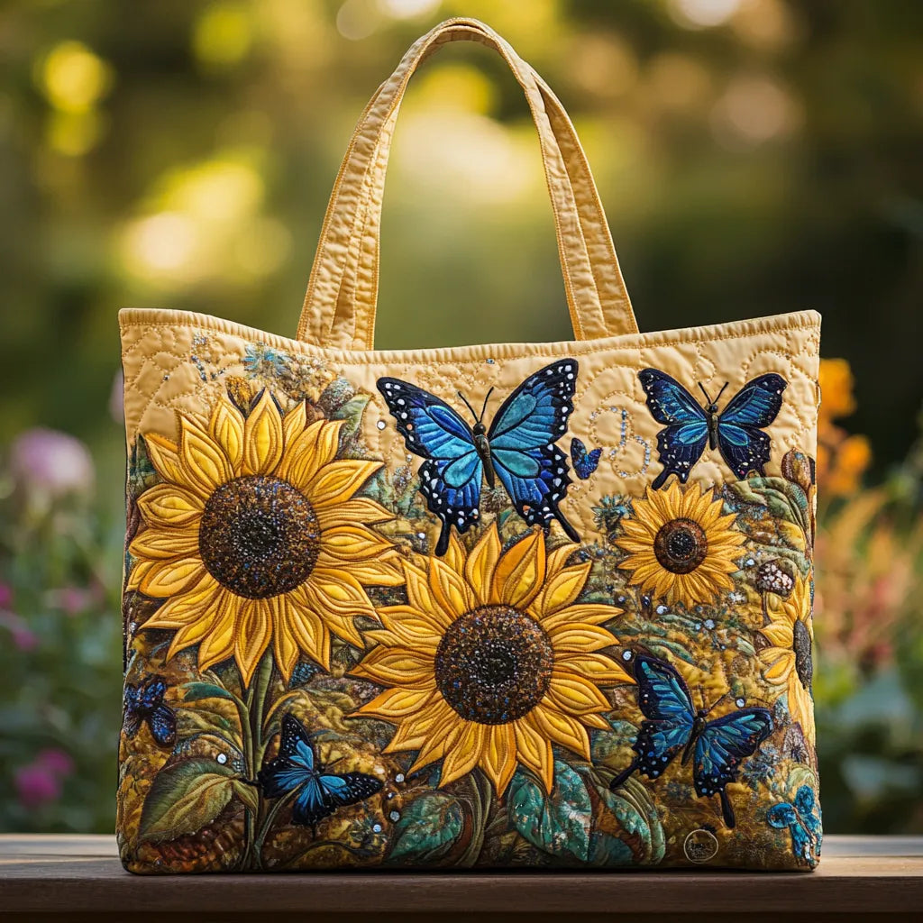 Geantă tote cu floarea-soarelui și fluture albastru