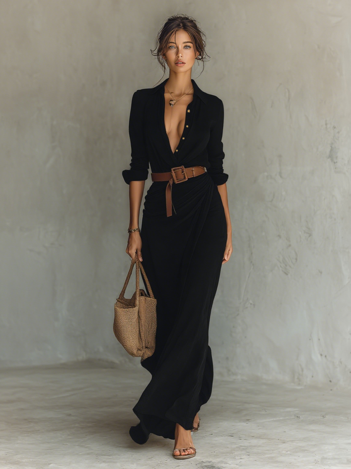 Rochie Maxi cu Guler Revers și Mâneci Lungi