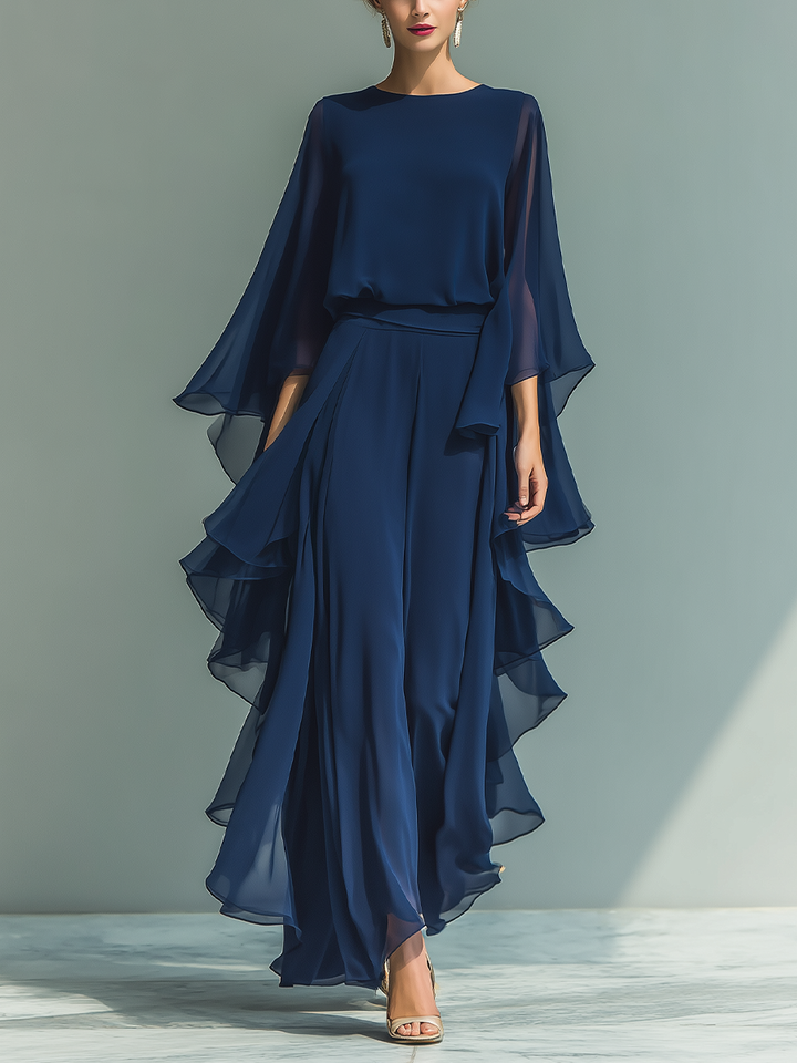 Set din Chiffon Marineblau cu Volane