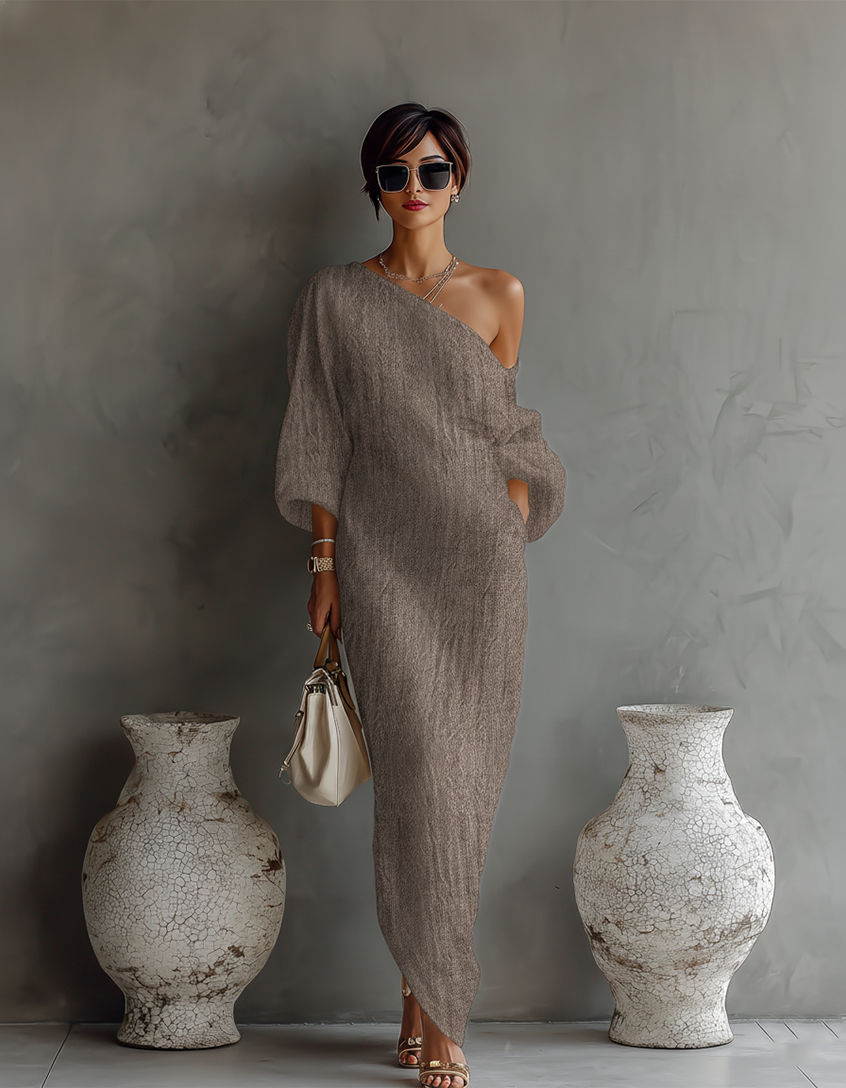 Rochie din in ivory cu umerii la vedere