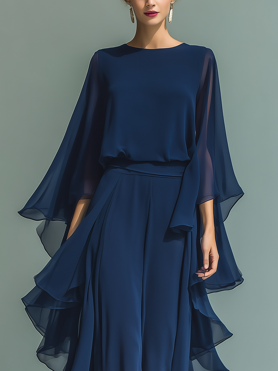 Set din Chiffon Marineblau cu Volane