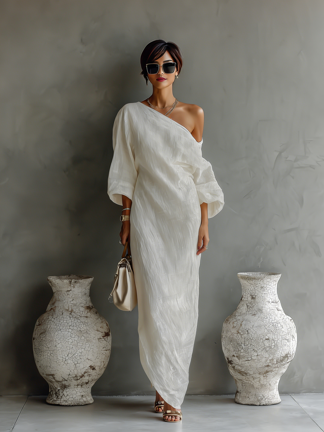 Rochie din in ivory cu umerii la vedere