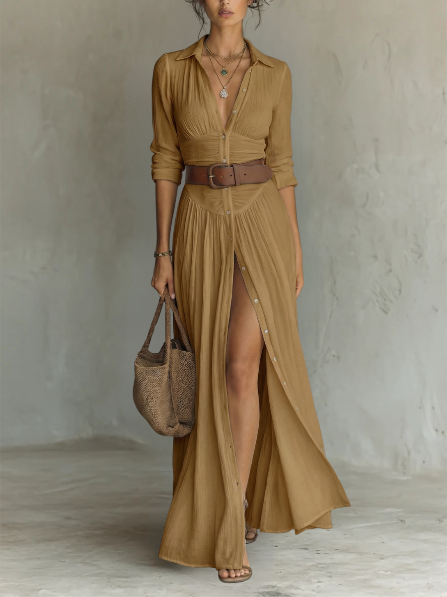 Rochie Maxi din In cu Guler Revers și Mâneci Lungi