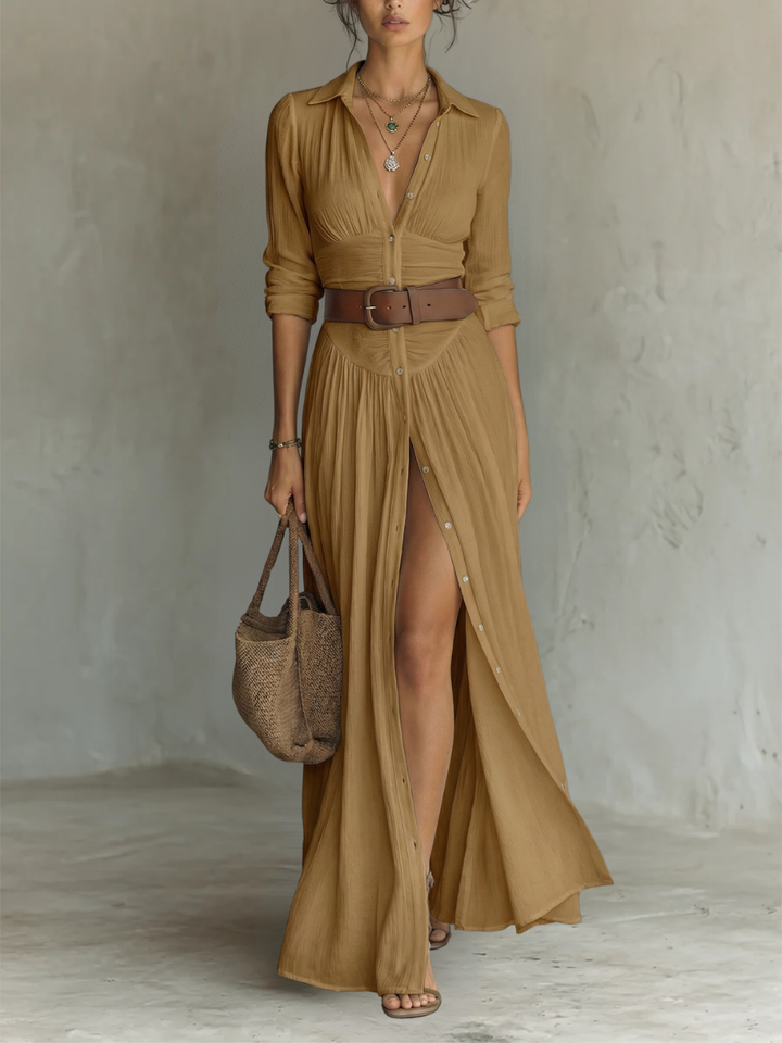 Rochie Maxi din In cu Guler Revers și Mâneci Lungi