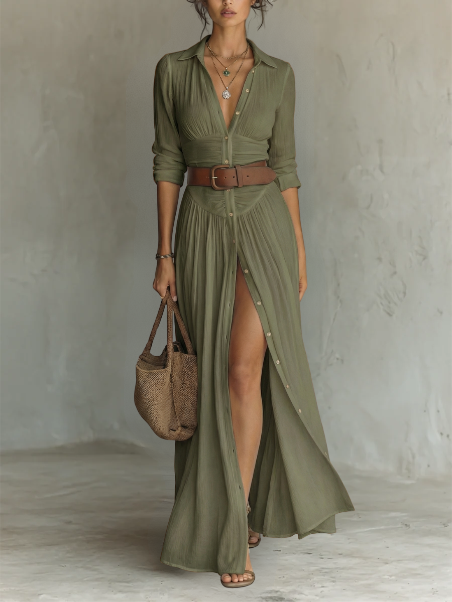 Rochie Maxi din In cu Guler Revers și Mâneci Lungi