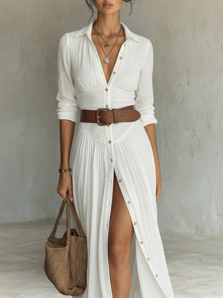Rochie Maxi din in alb plisată