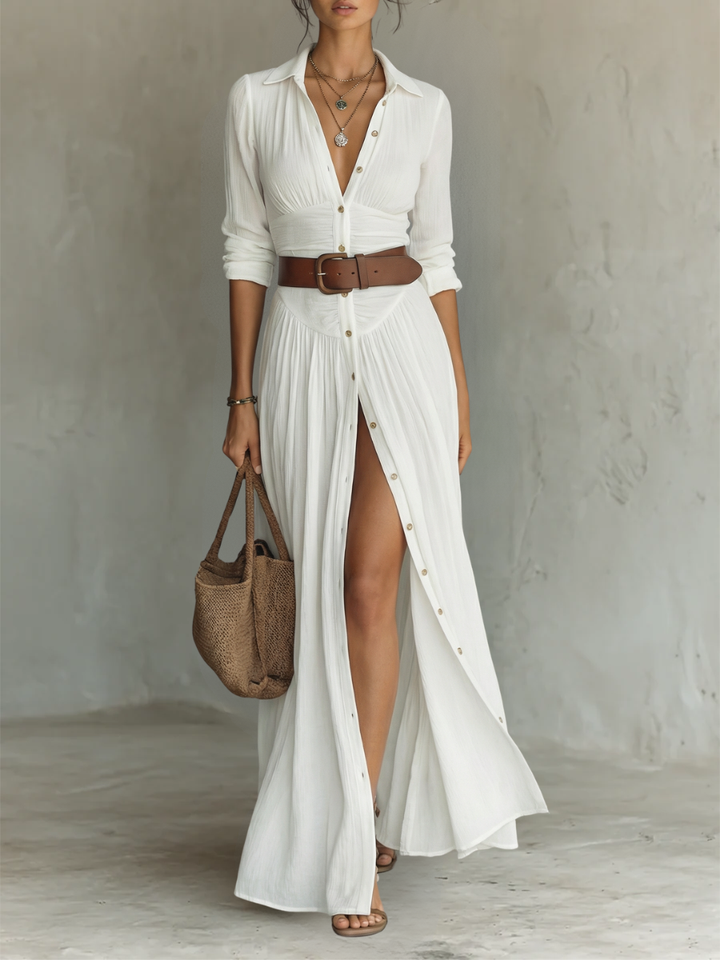 Rochie Maxi din In cu Guler Revers și Mâneci Lungi
