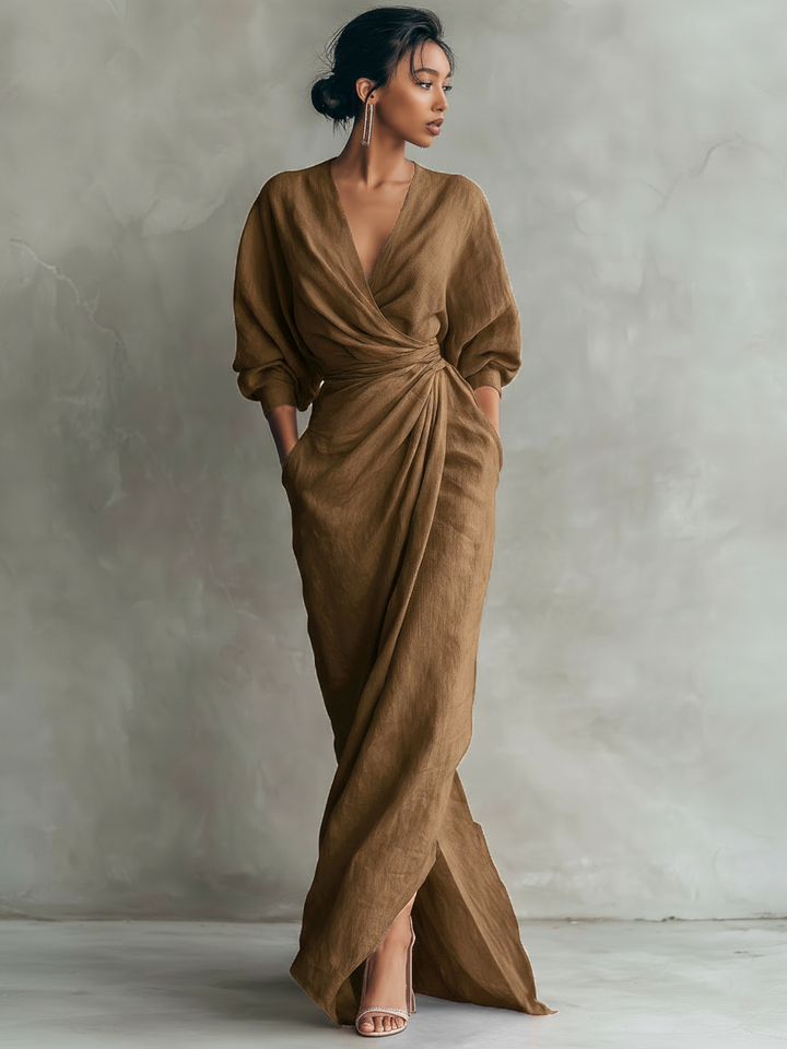 Rochie Maxi din In Roz cu Decolteu în V