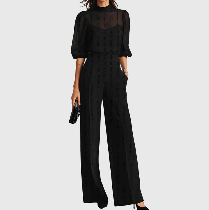 Gabriela | Set format din trei piese compus dintr-un top și o pereche de pantaloni cu picioare largi