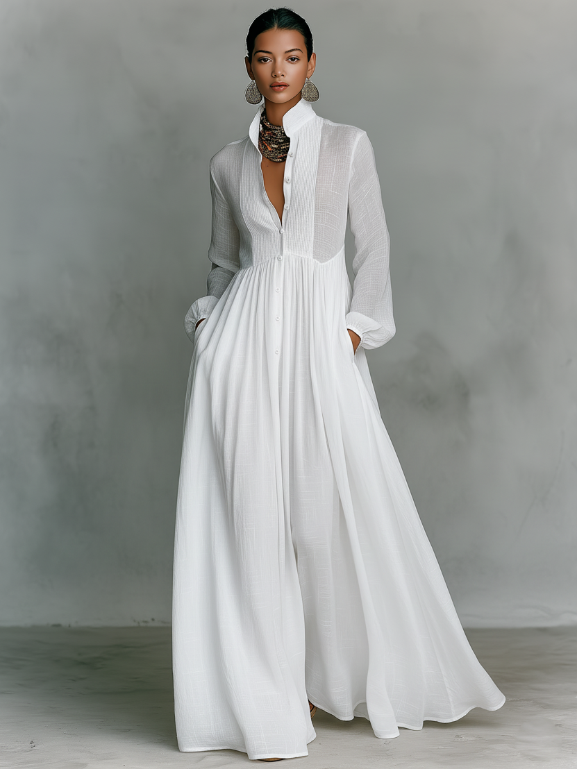 Rochie Maxi din In Patchwork cu Guler Înalt