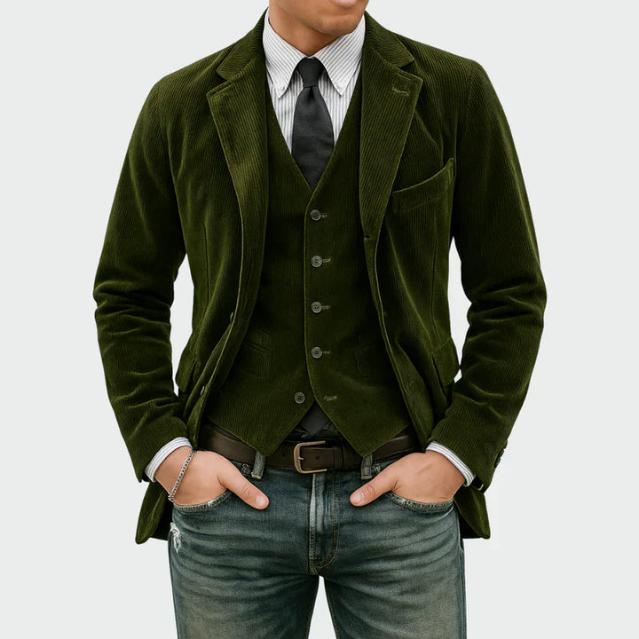 Arthur | Set Elegant Sacou + Vestă din Catifea în Dungi