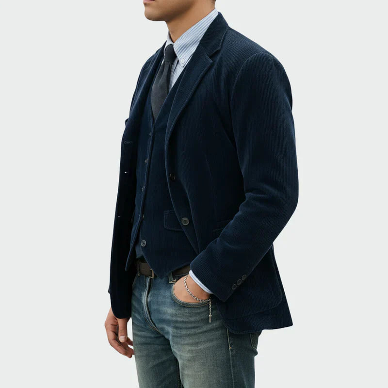 Arthur | Set Elegant Sacou + Vestă din Catifea în Dungi