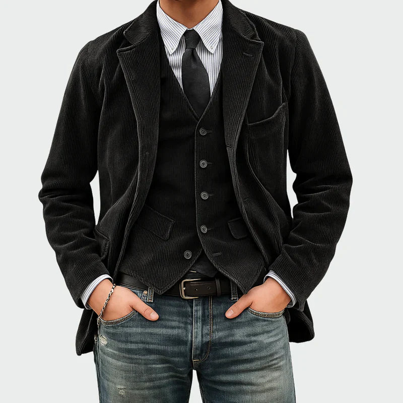 Arthur | Set Elegant Sacou + Vestă din Catifea în Dungi