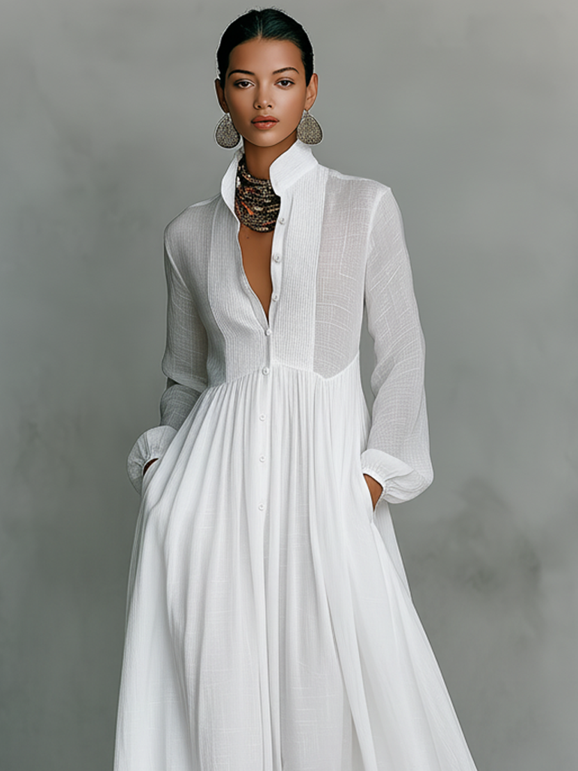Rochie Maxi din In Patchwork cu Guler Înalt