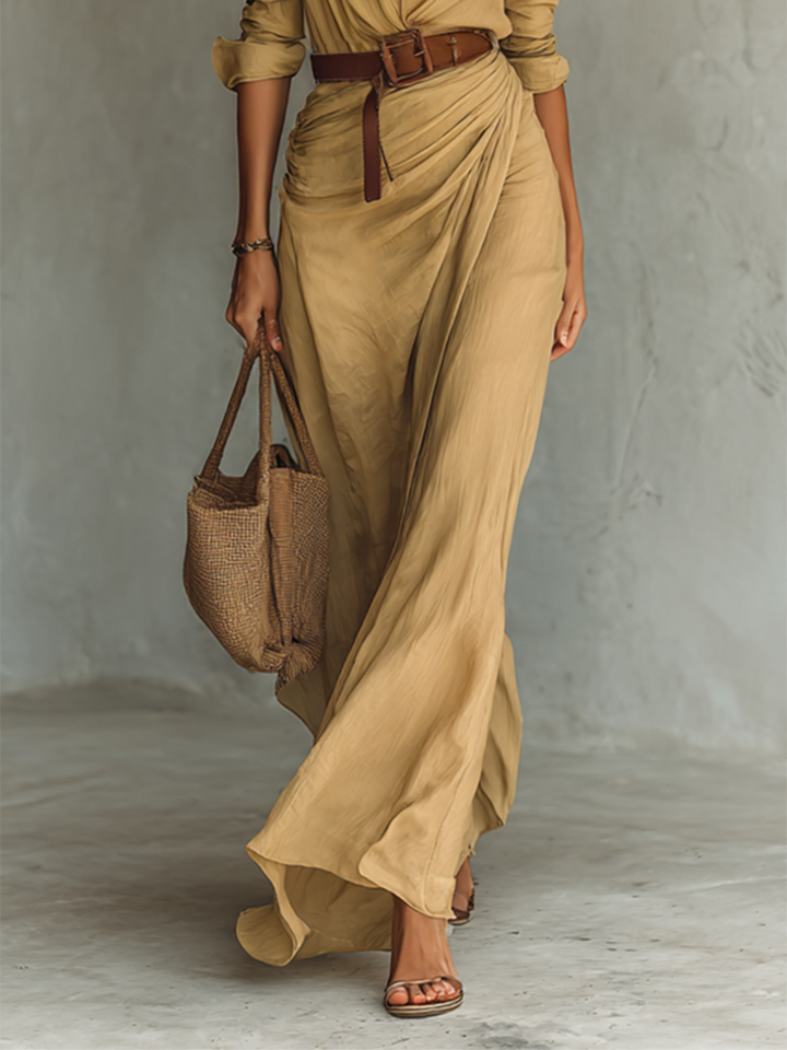 Rochie Maxi cu Guler Revers și Mâneci Lungi