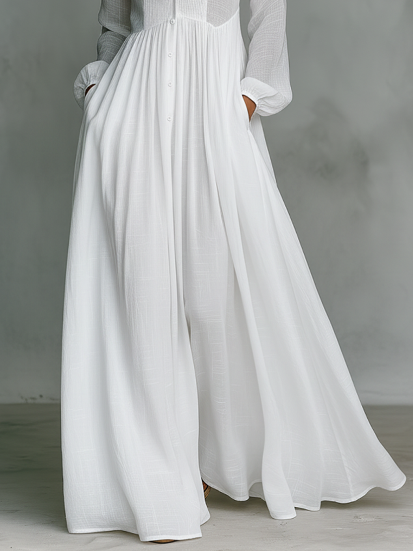 Rochie Maxi din In Patchwork cu Guler Înalt