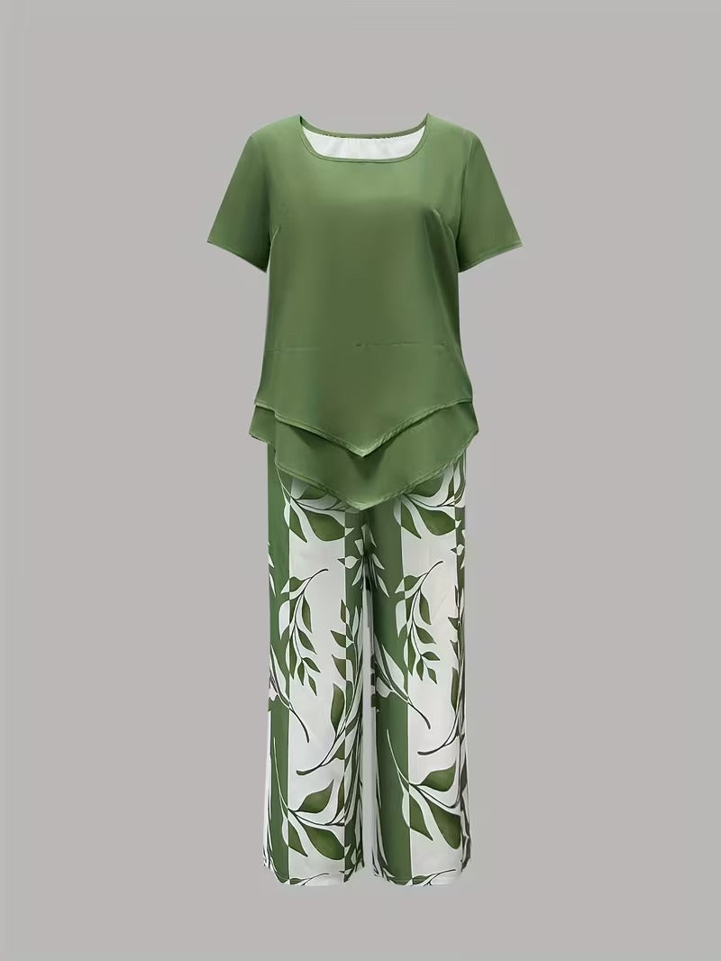 Ulrica | Set de două piese casual cu imprimeu de frunze