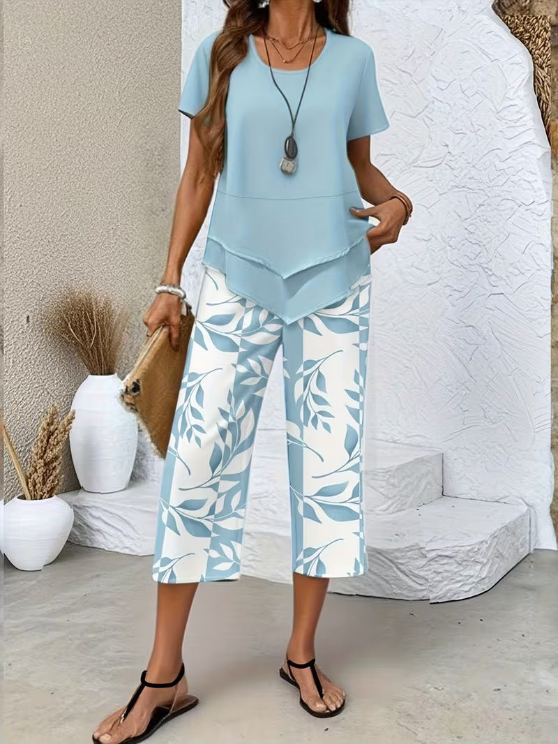 Ulrica | Set de două piese casual cu imprimeu de frunze