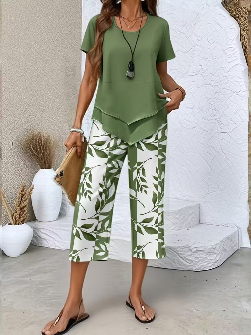 Ulrica | Set de două piese casual cu imprimeu de frunze