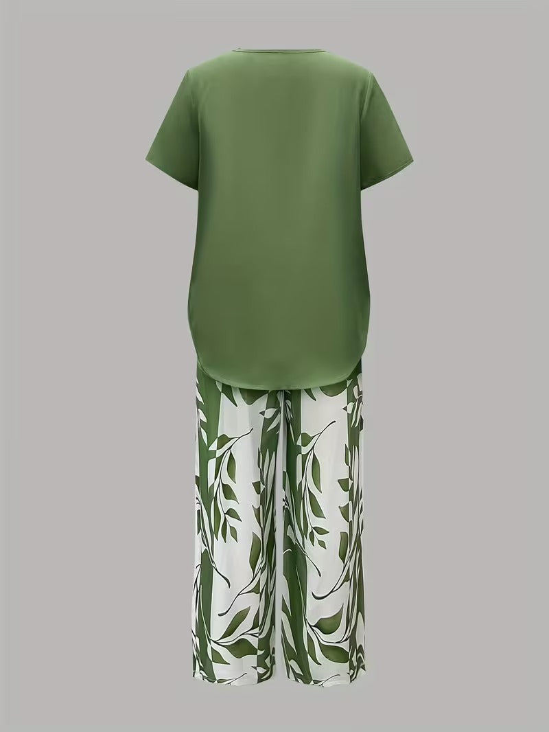 Ulrica | Set de două piese casual cu imprimeu de frunze