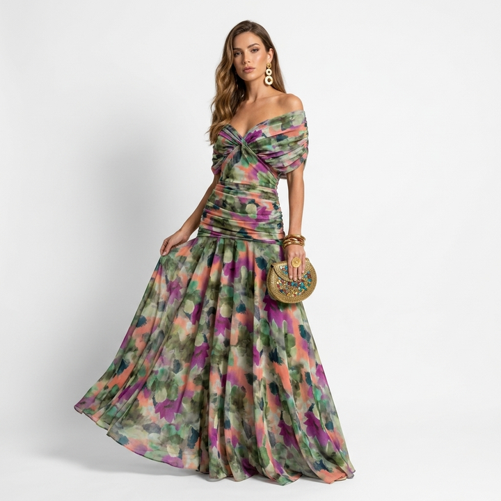 Xenia - Rochie lungă elegantă cu decolteu în V