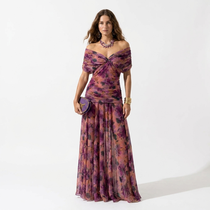 Xenia - Rochie lungă elegantă cu decolteu în V